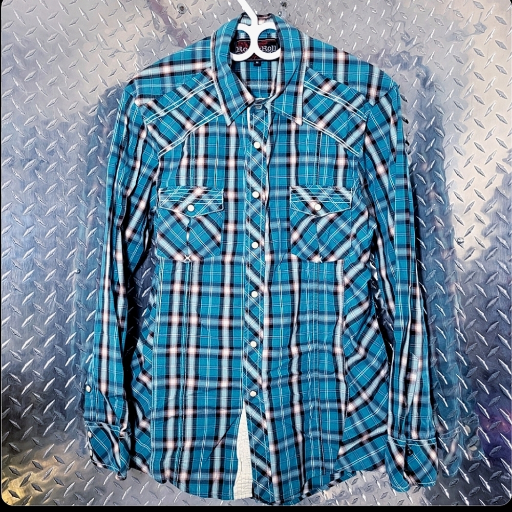 Rocknroll Cowboy Aqua Plaid Button-Up Shirt